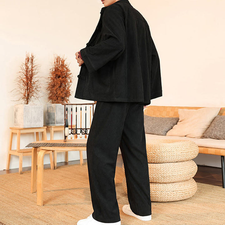 Buddha Stones 2 szt. Gładki męski komplet koszulowy z długim rękawem i guzikami żaby, spodnie z bawełnianego sztruksu z kieszeniami - image 24