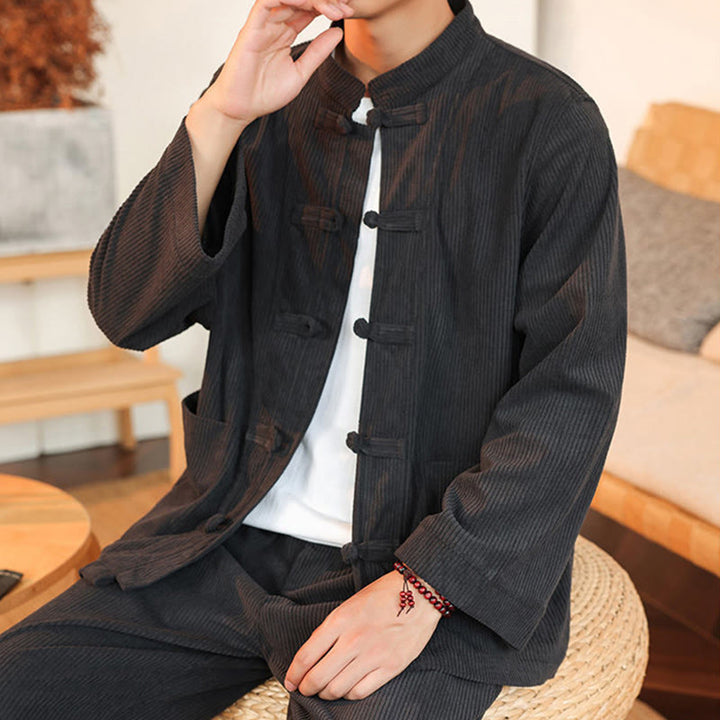 Buddha Stones 2 szt. Gładki męski komplet koszulowy z długim rękawem i guzikami żaby, spodnie z bawełnianego sztruksu z kieszeniami - image 16