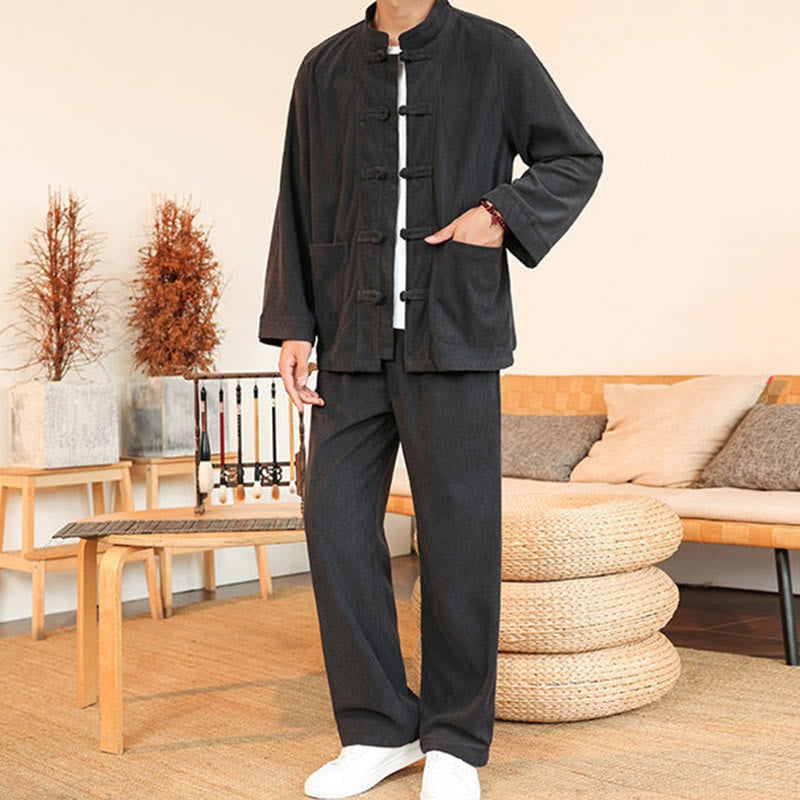 Buddha Stones 2 szt. Gładki męski komplet koszulowy z długim rękawem i guzikami żaby, spodnie z bawełnianego sztruksu z kieszeniami - image 12