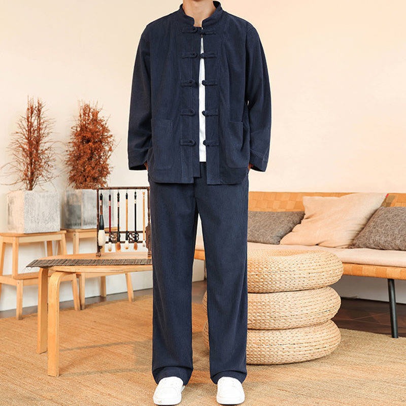 Buddha Stones 2 szt. Gładki męski komplet koszulowy z długim rękawem i guzikami żaby, spodnie z bawełnianego sztruksu z kieszeniami - image 30