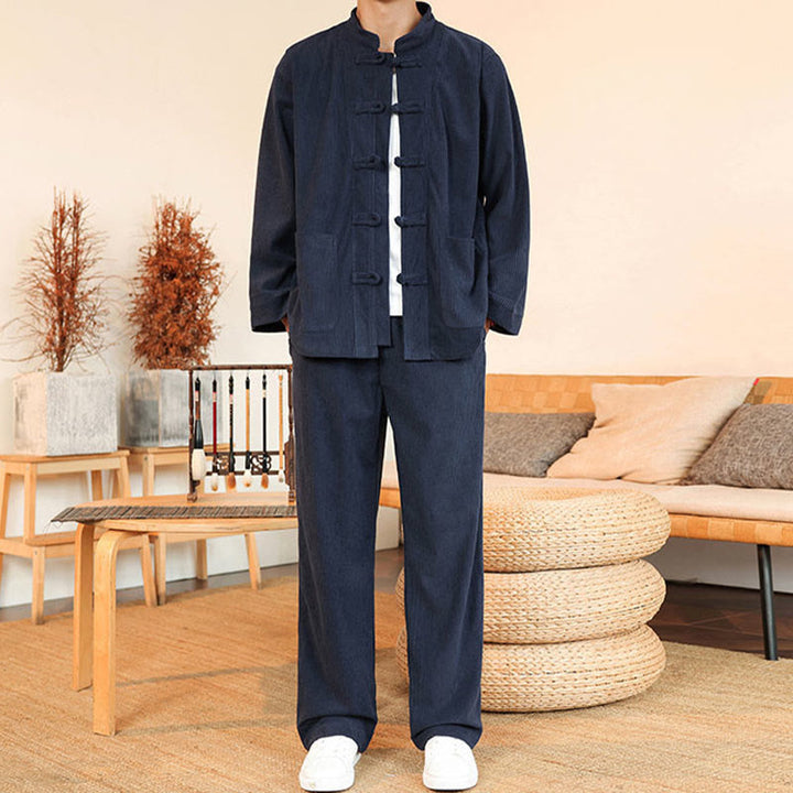 Buddha Stones 2 szt. Gładki męski komplet koszulowy z długim rękawem i guzikami żaby, spodnie z bawełnianego sztruksu z kieszeniami - image 30