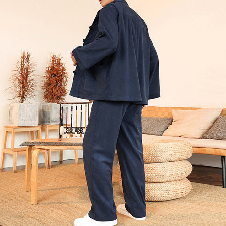 Buddha Stones 2 szt. Gładki męski komplet koszulowy z długim rękawem i guzikami żaby, spodnie z bawełnianego sztruksu z kieszeniami - image 32