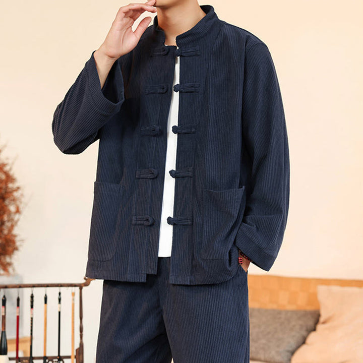 Buddha Stones 2 szt. Gładki męski komplet koszulowy z długim rękawem i guzikami żaby, spodnie z bawełnianego sztruksu z kieszeniami - image 35