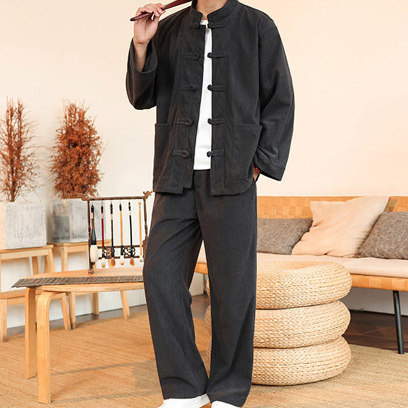 Buddha Stones 2 szt. Gładki męski komplet koszulowy z długim rękawem i guzikami żaby, spodnie z bawełnianego sztruksu z kieszeniami - image 14