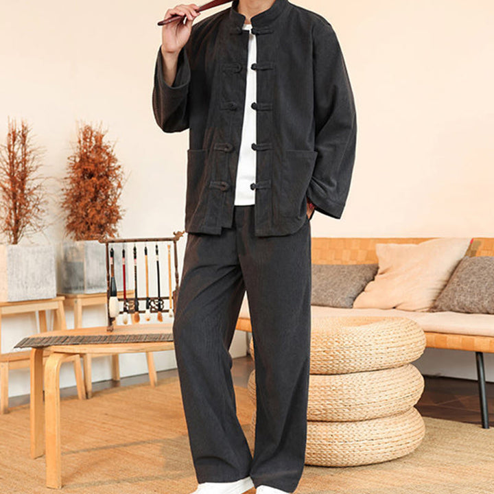 Buddha Stones 2 szt. Gładki męski komplet koszulowy z długim rękawem i guzikami żaby, spodnie z bawełnianego sztruksu z kieszeniami - image 14