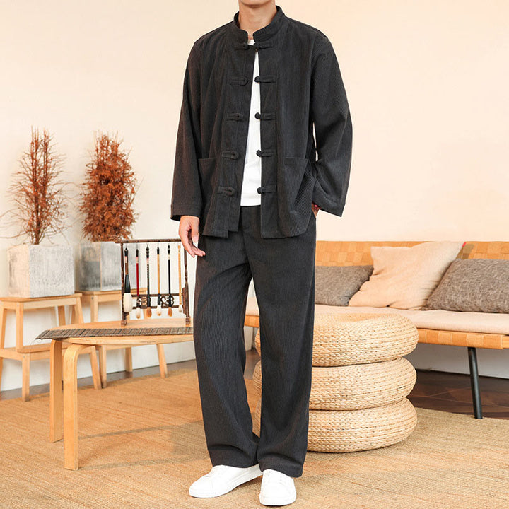 Buddha Stones 2 szt. Gładki męski komplet koszulowy z długim rękawem i guzikami żaby, spodnie z bawełnianego sztruksu z kieszeniami - image 11