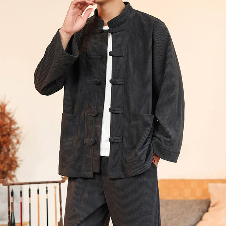 Buddha Stones 2 szt. Gładki męski komplet koszulowy z długim rękawem i guzikami żaby, spodnie z bawełnianego sztruksu z kieszeniami - image 15