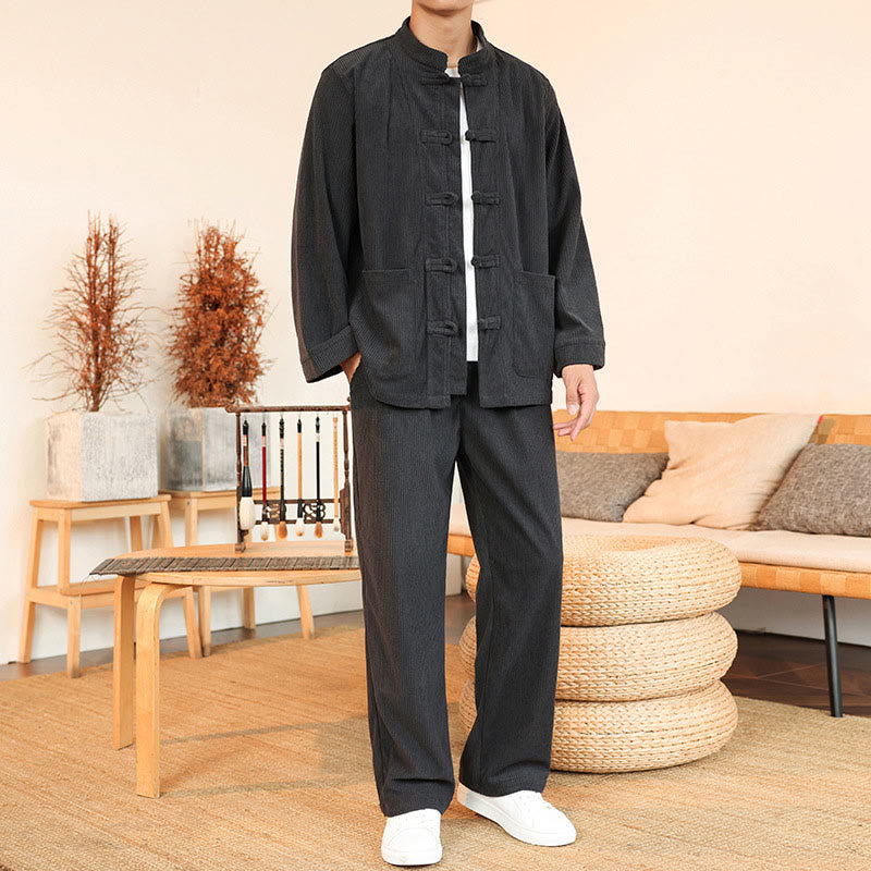 Buddha Stones 2 szt. Gładki męski komplet koszulowy z długim rękawem i guzikami żaby, spodnie z bawełnianego sztruksu z kieszeniami - Łupkowoszary - US/UK/AU46, EU56 (5XL) - image 9