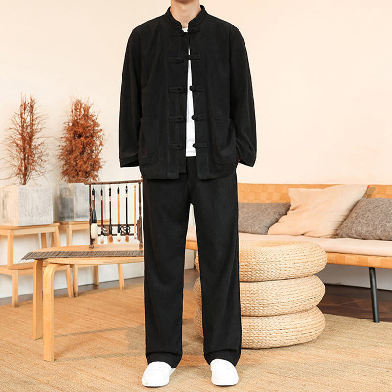 Buddha Stones 2 szt. Gładki męski komplet koszulowy z długim rękawem i guzikami żaby, spodnie z bawełnianego sztruksu z kieszeniami - image 22