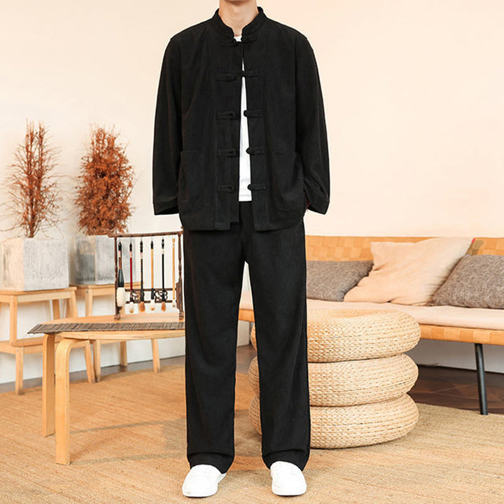 Buddha Stones 2 szt. Gładki męski komplet koszulowy z długim rękawem i guzikami żaby, spodnie z bawełnianego sztruksu z kieszeniami - image 22