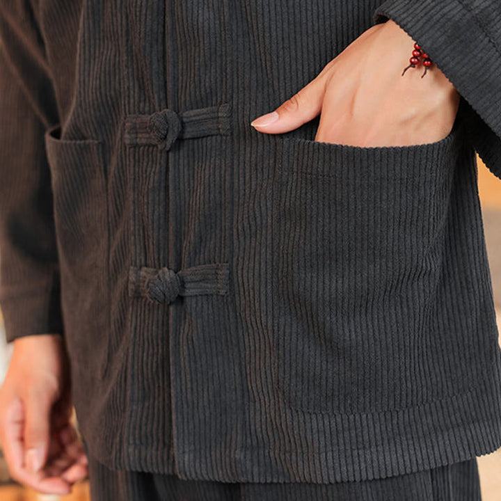 Buddha Stones 2 szt. Gładki męski komplet koszulowy z długim rękawem i guzikami żaby, spodnie z bawełnianego sztruksu z kieszeniami - image 18