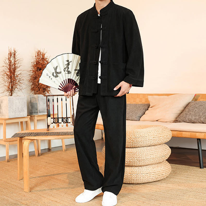 Buddha Stones 2 szt. Gładki męski komplet koszulowy z długim rękawem i guzikami żaby, spodnie z bawełnianego sztruksu z kieszeniami - image 26