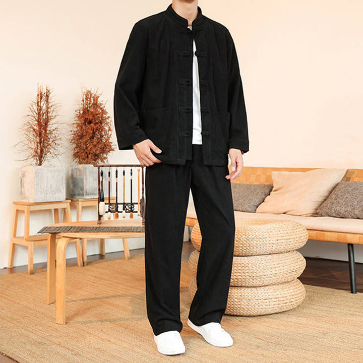 Buddha Stones 2 szt. Gładki męski komplet koszulowy z długim rękawem i guzikami żaby, spodnie z bawełnianego sztruksu z kieszeniami - image 23