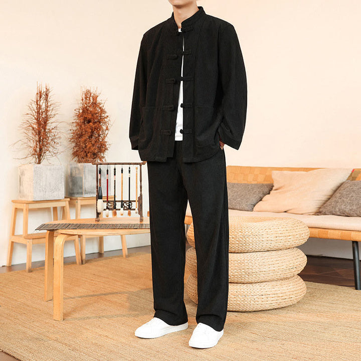 Buddha Stones 2 szt. Gładki męski komplet koszulowy z długim rękawem i guzikami żaby, spodnie z bawełnianego sztruksu z kieszeniami - Czarny - US/UK/AU46, EU56 (5XL) - image 21