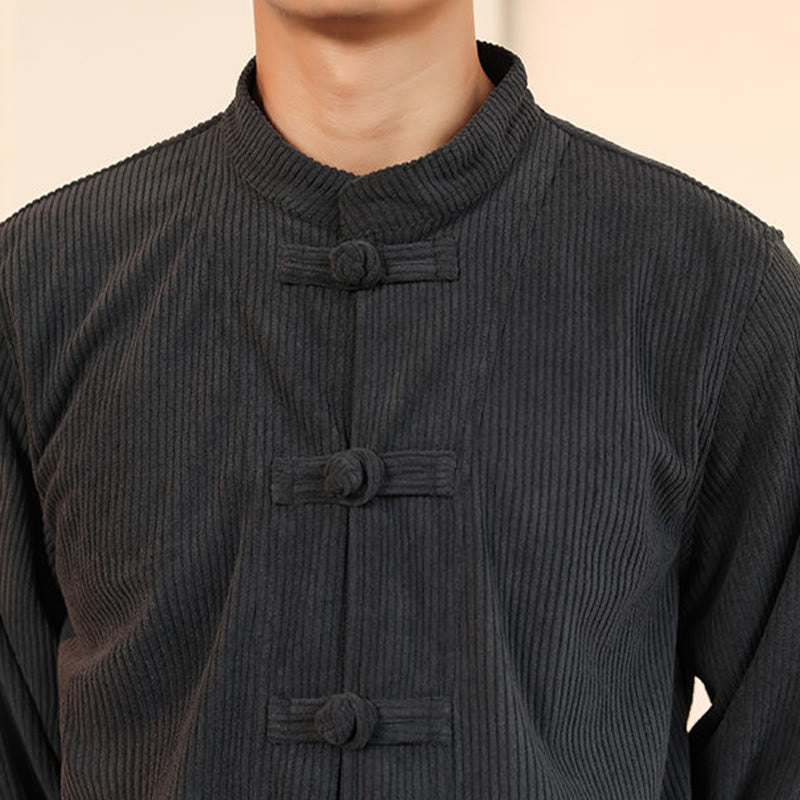 Buddha Stones 2 szt. Gładki męski komplet koszulowy z długim rękawem i guzikami żaby, spodnie z bawełnianego sztruksu z kieszeniami - image 17