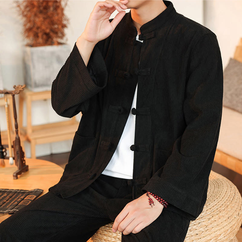 Buddha Stones 2 szt. Gładki męski komplet koszulowy z długim rękawem i guzikami żaby, spodnie z bawełnianego sztruksu z kieszeniami - image 28