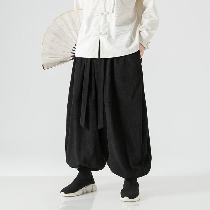 Męskie spodnie haremowe z czystej bawełny sztruksowej z kieszeniami, zimowe, w jednolitym kolorze, z Buddha Stones - Czarny - US/UK/AU48, EU58(5XL) - image 9