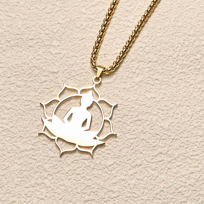 Naszyjnik z Buddha Stones w stylu vintage z siedzącym lotosem i motywem buddy ze stali nierdzewnej, oświecający - image 1