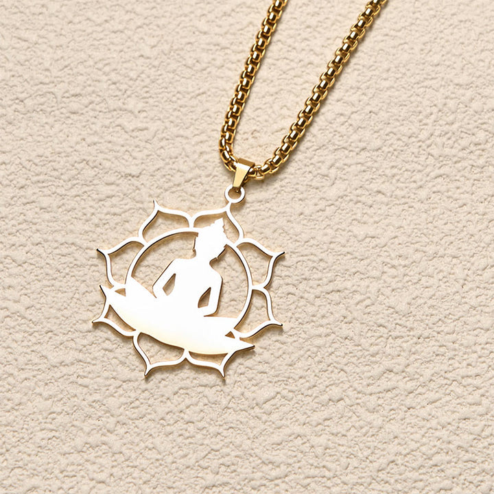 Naszyjnik z Buddha Stones w stylu vintage z siedzącym lotosem i motywem buddy ze stali nierdzewnej, oświecający - image 1