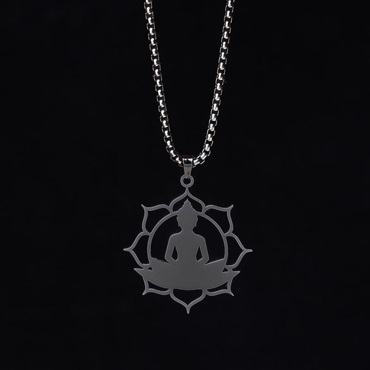 Naszyjnik z Buddha Stones w stylu vintage z siedzącym lotosem i motywem buddy ze stali nierdzewnej, oświecający - image 17