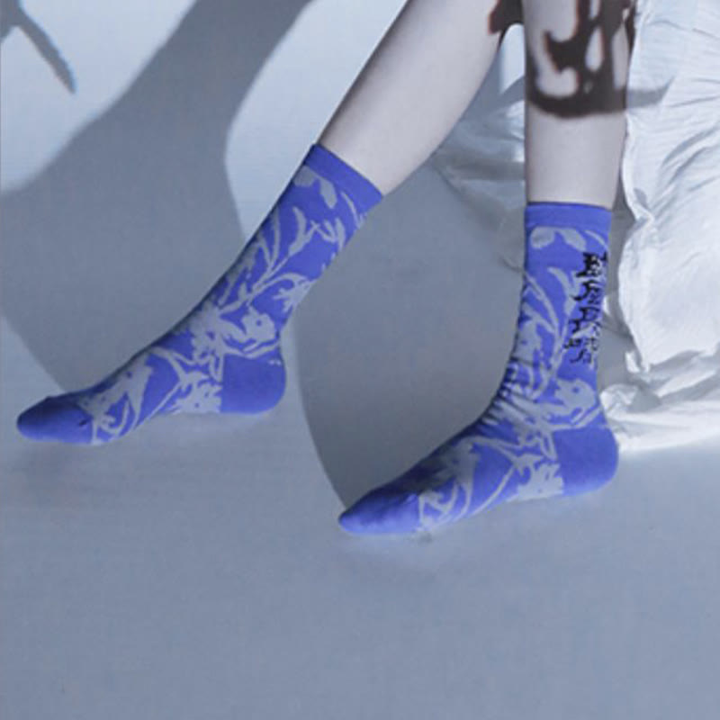 Skarpetki bawełniane damskie Micro Crew z motywem chińskiej kaligrafii i kwiatowym wzorem Buddha Stones - image 26