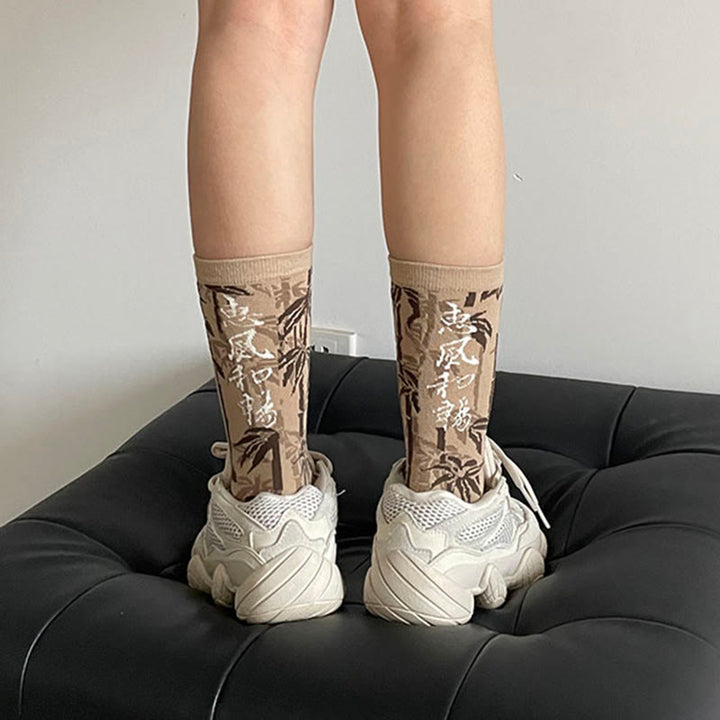 Skarpetki bawełniane damskie Micro Crew z motywem chińskiej kaligrafii i kwiatowym wzorem Buddha Stones - image 15