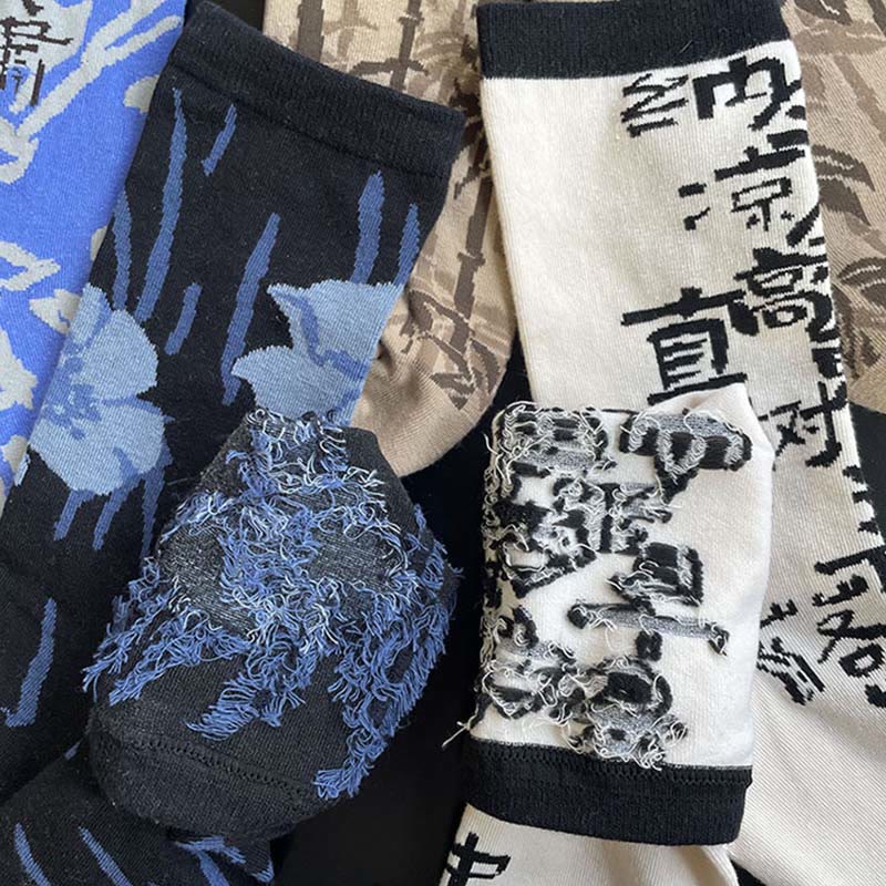 Skarpetki bawełniane damskie Micro Crew z motywem chińskiej kaligrafii i kwiatowym wzorem Buddha Stones - image 34