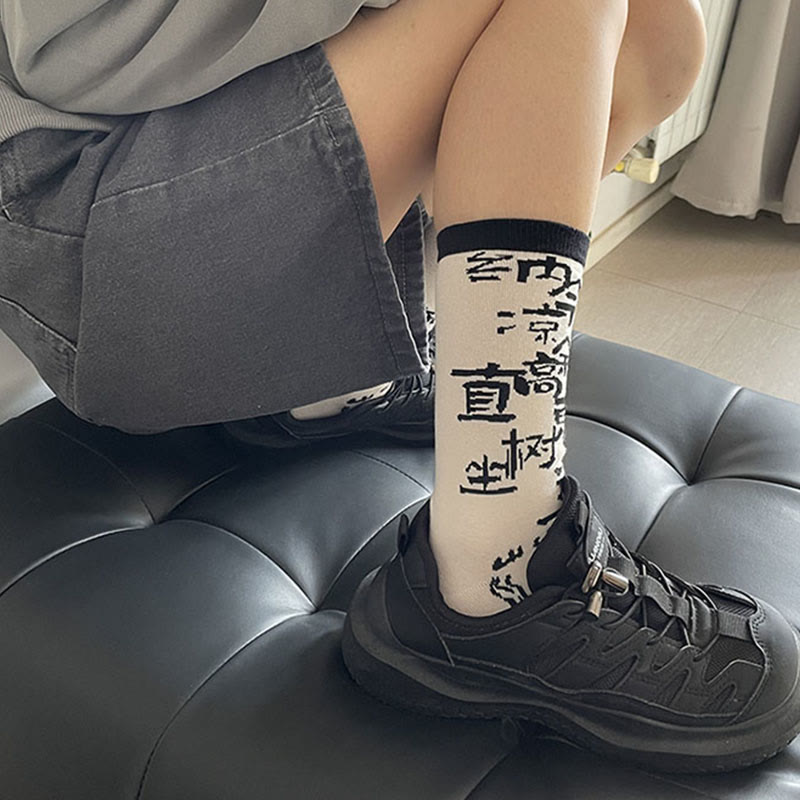 Skarpetki bawełniane damskie Micro Crew z motywem chińskiej kaligrafii i kwiatowym wzorem Buddha Stones - image 6