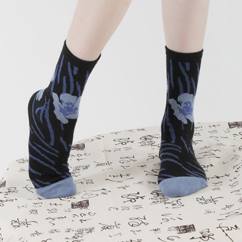 Skarpetki bawełniane damskie Micro Crew z motywem chińskiej kaligrafii i kwiatowym wzorem Buddha Stones - image 19