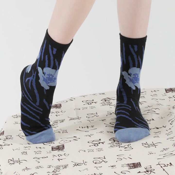 Skarpetki bawełniane damskie Micro Crew z motywem chińskiej kaligrafii i kwiatowym wzorem Buddha Stones - image 19