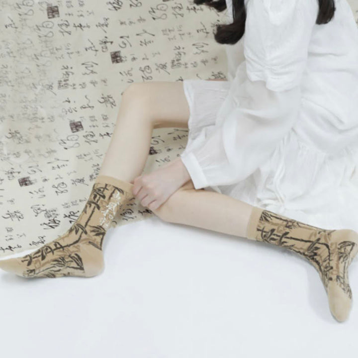 Skarpetki bawełniane damskie Micro Crew z motywem chińskiej kaligrafii i kwiatowym wzorem Buddha Stones - image 11