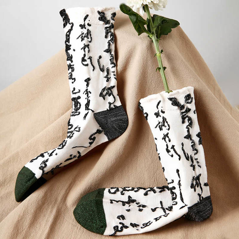 Skarpetki bawełniane damskie Micro Crew z Buddha Stones w chińskiej kaligrafii, dopasowane kolorystycznie - Biały - Jeden rozmiar pasuje do większości (US4 0,5–9,5, EU35–40, UK/AU2,5–7, Asia 22,5–25 cm) - image 0