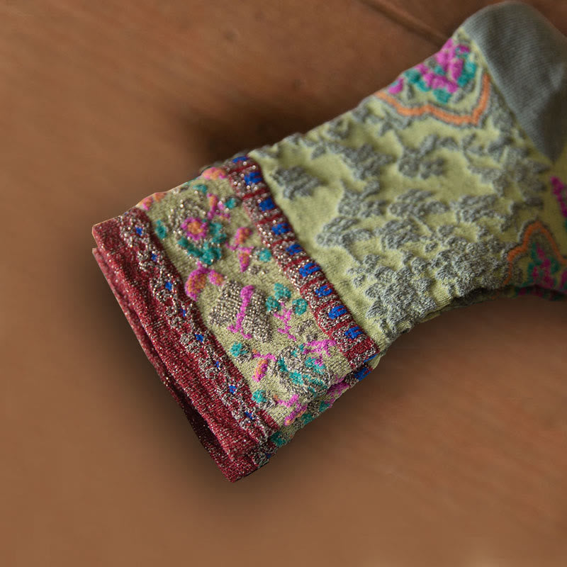 Skarpetki damskie bawełniane z wytłoczonym wzorem kwiatowym i Buddha Stones w stylu retro - image 2