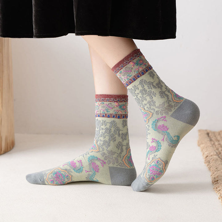 Skarpetki damskie bawełniane z wytłoczonym wzorem kwiatowym i Buddha Stones w stylu retro - image 0