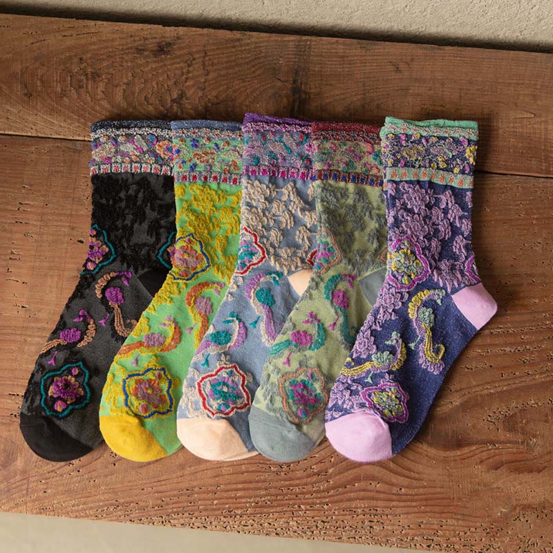 Skarpetki damskie bawełniane z wytłoczonym wzorem kwiatowym i Buddha Stones w stylu retro - image 21