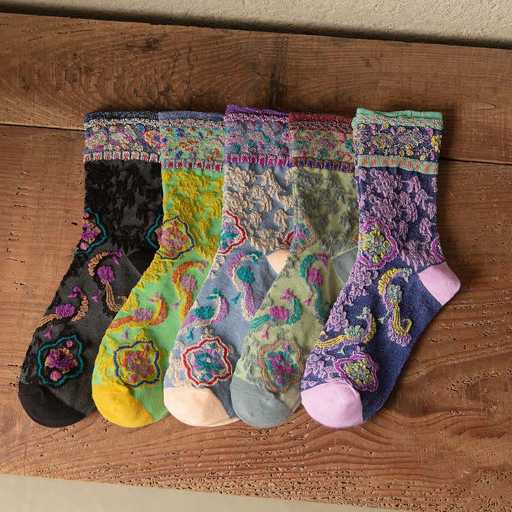 Skarpetki damskie bawełniane z wytłoczonym wzorem kwiatowym i Buddha Stones w stylu retro - image 21