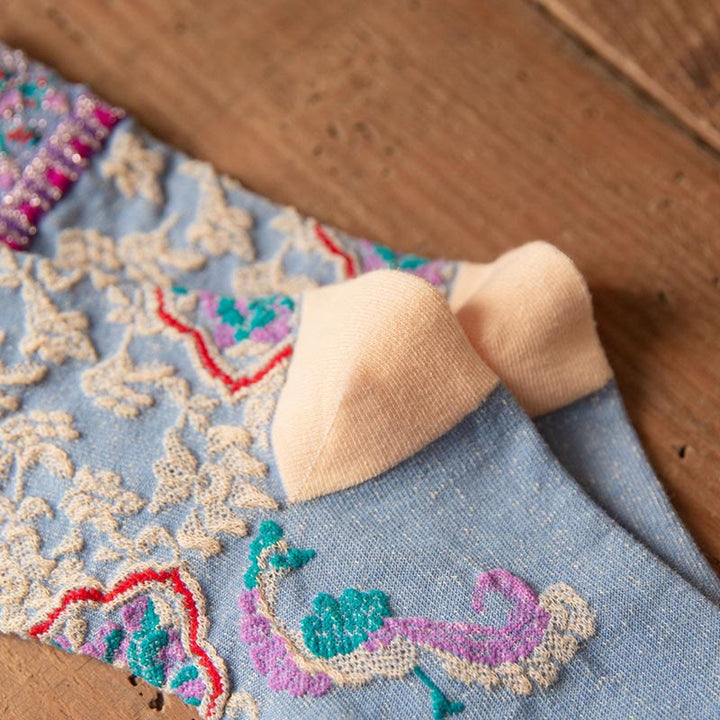 Skarpetki damskie bawełniane z wytłoczonym wzorem kwiatowym i Buddha Stones w stylu retro - image 19