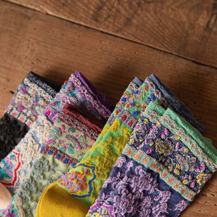 Skarpetki damskie bawełniane z wytłoczonym wzorem kwiatowym i Buddha Stones w stylu retro - image 28