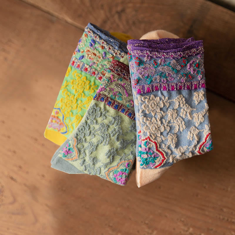 Skarpetki damskie bawełniane z wytłoczonym wzorem kwiatowym i Buddha Stones w stylu retro - image 26