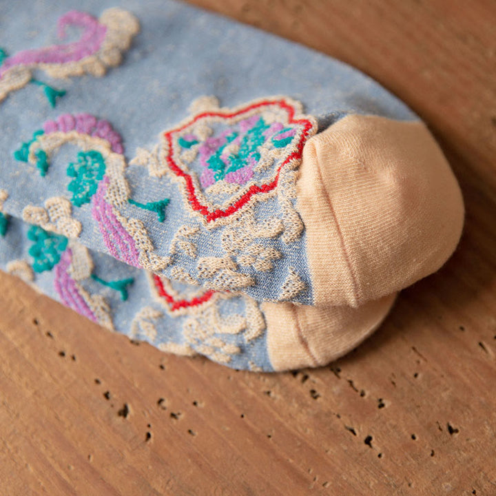 Skarpetki damskie bawełniane z wytłoczonym wzorem kwiatowym i Buddha Stones w stylu retro - image 20