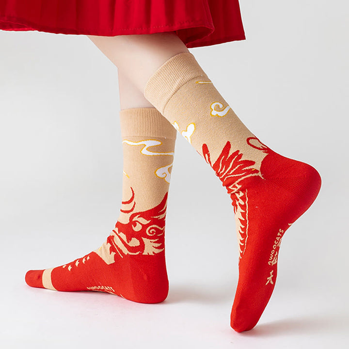 Buddha Stones Casualowe skarpetki bawełniane Red Dragon Quarter dla mężczyzn i kobiet unisex - image 2
