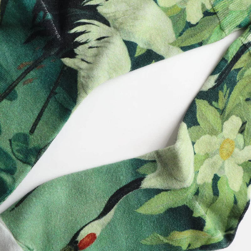 Skarpetki damskie z bawełny Micro Crew z motywem Buddha Stones , w kwiaty, z białym żurawiem i liściem lotosu - image 2