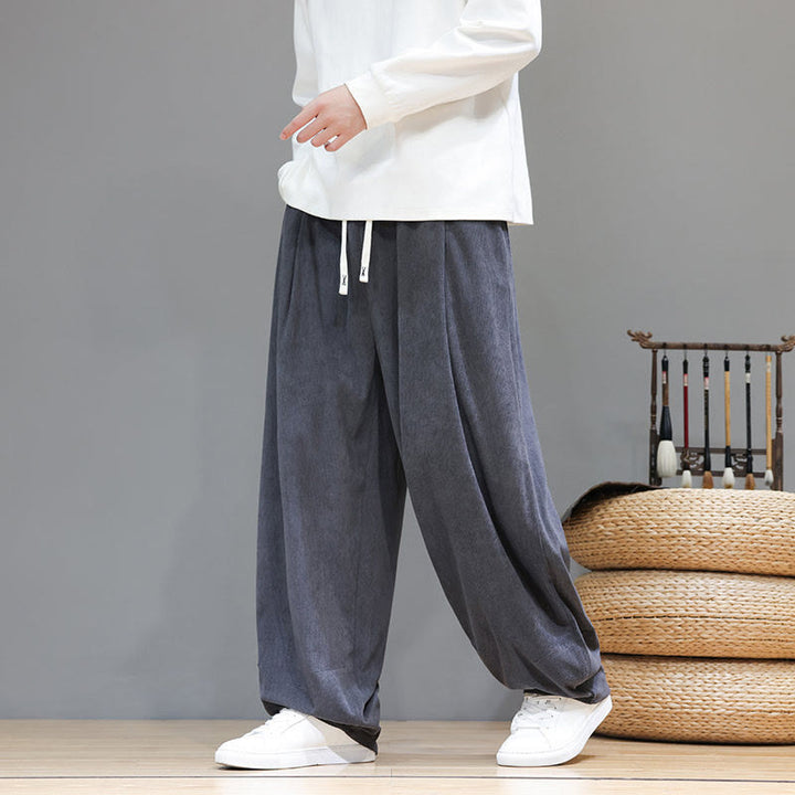Męskie spodnie haremowe z kieszeniami, z gładkiej bawełny i sztruksu z motywem Buddha Stones - image 11