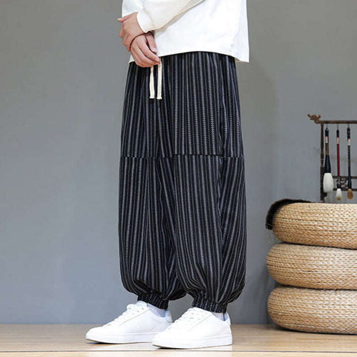 Męskie spodnie haremowe z materiału sztruksowego z kieszeniami i ściągaczem w paski z Buddha Stones - image 3