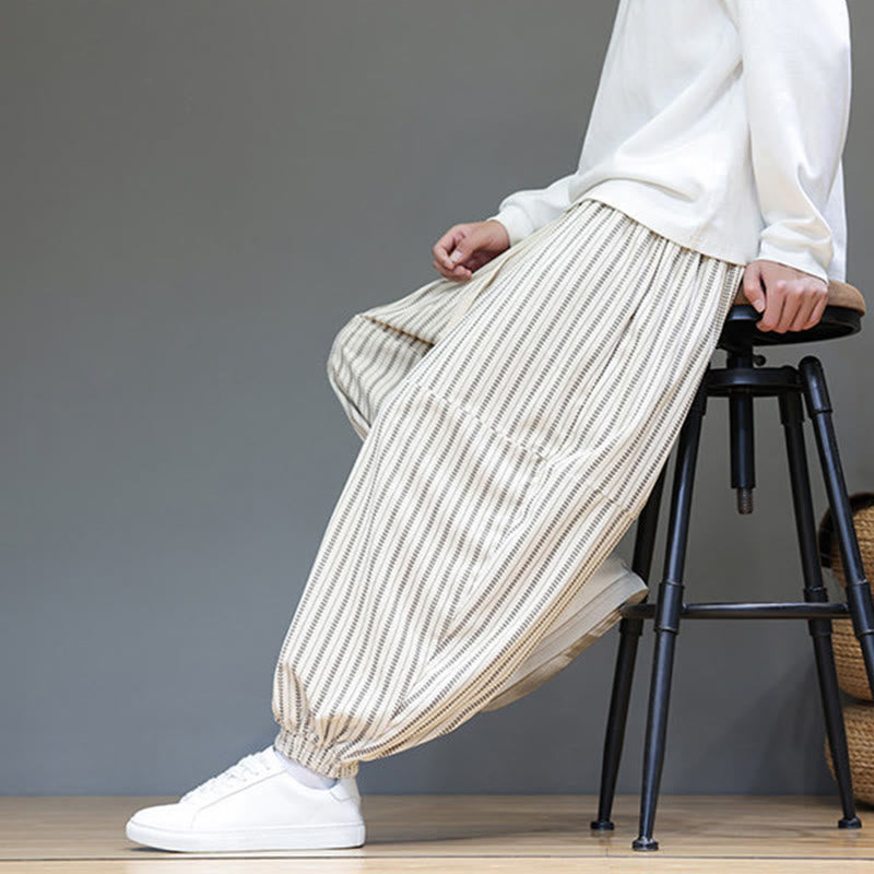 Męskie spodnie haremowe z materiału sztruksowego z kieszeniami i ściągaczem w paski z Buddha Stones - image 32