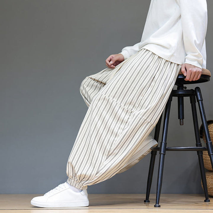 Męskie spodnie haremowe z materiału sztruksowego z kieszeniami i ściągaczem w paski z Buddha Stones - image 32