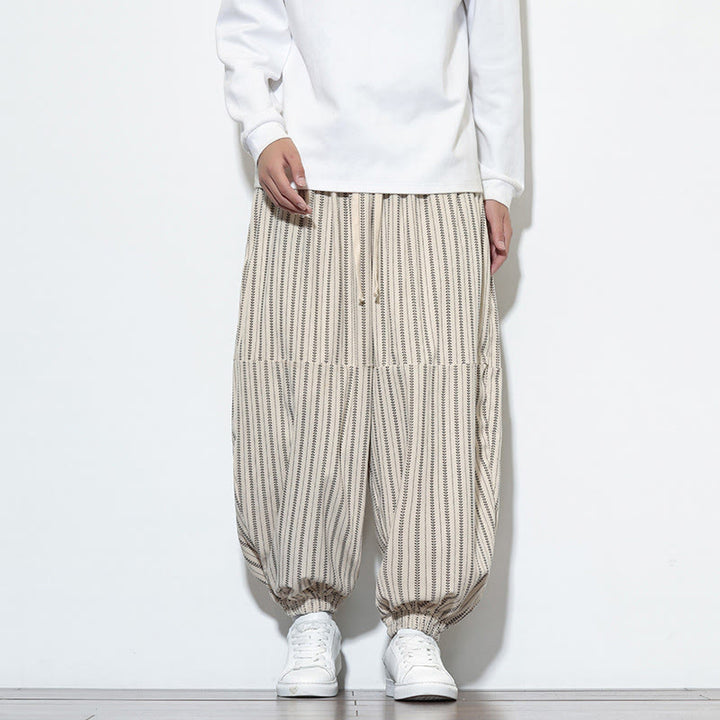 Męskie spodnie haremowe z materiału sztruksowego z kieszeniami i ściągaczem w paski z Buddha Stones - FloralWhite - US/UK/AU46, EU56 (5XL) - image 17