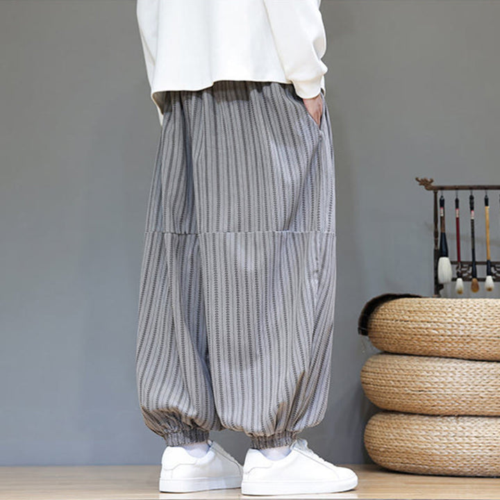 Męskie spodnie haremowe z materiału sztruksowego z kieszeniami i ściągaczem w paski z Buddha Stones - image 48