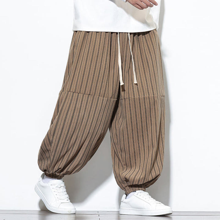 Męskie spodnie haremowe z materiału sztruksowego z kieszeniami i ściągaczem w paski z Buddha Stones - image 56