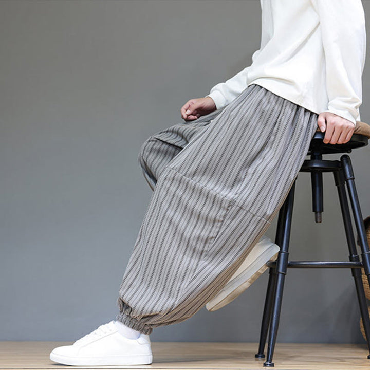 Męskie spodnie haremowe z materiału sztruksowego z kieszeniami i ściągaczem w paski z Buddha Stones - image 49